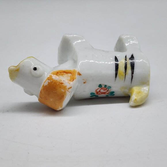 1950s Ceramic Fox Terrier Dog Figurine With Floral Design Orange Hat Japan - Picture 9 of 9